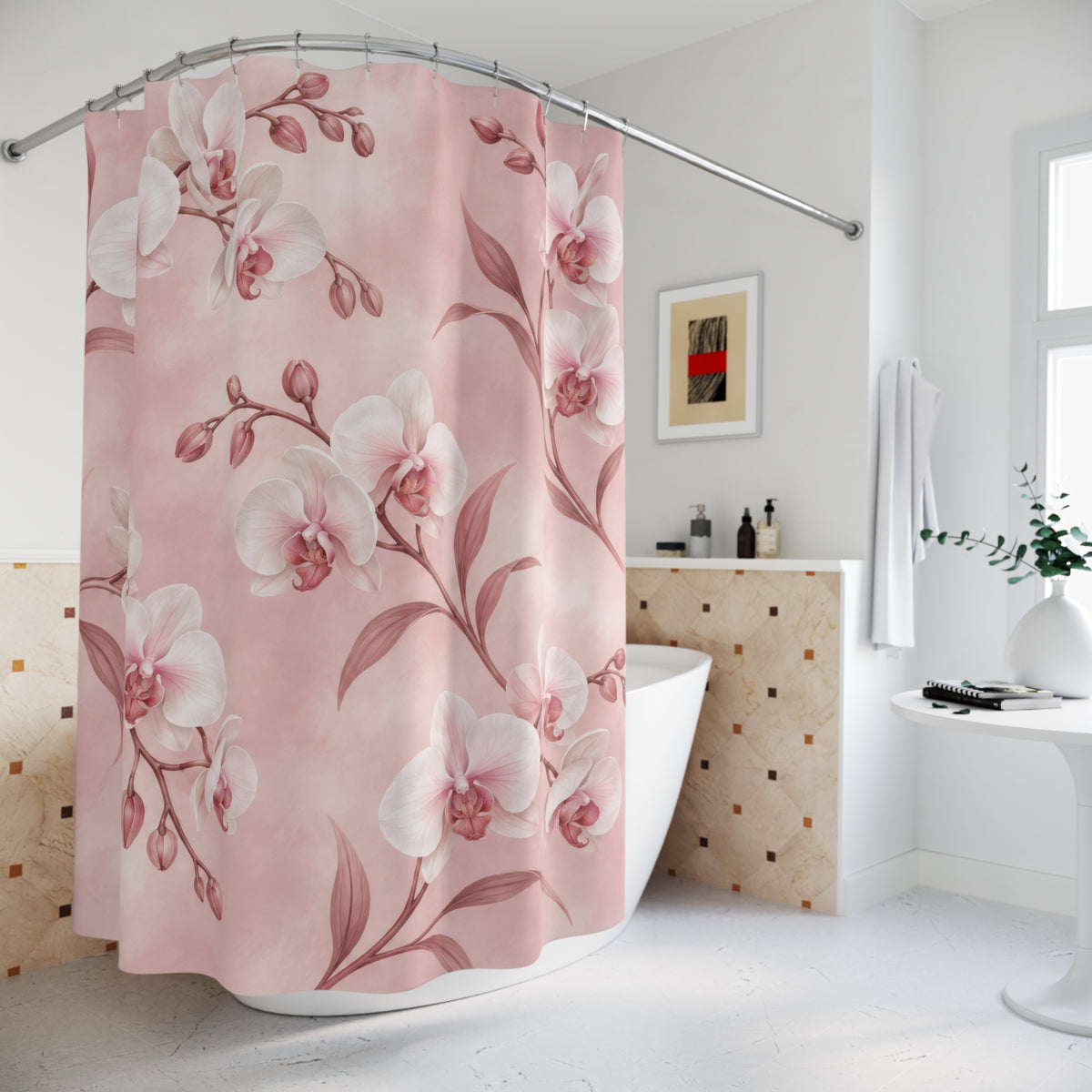 White orchids with rose stems on a blush ground shower curtain beside a freestanding tub