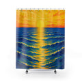 Yellow ocean sunrise over cobalt and teal waves shower curtain with full front view