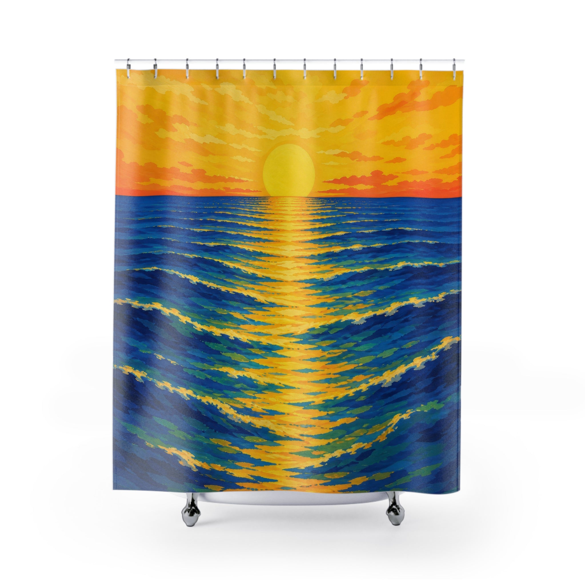 Yellow ocean sunrise over cobalt and teal waves shower curtain with full front view