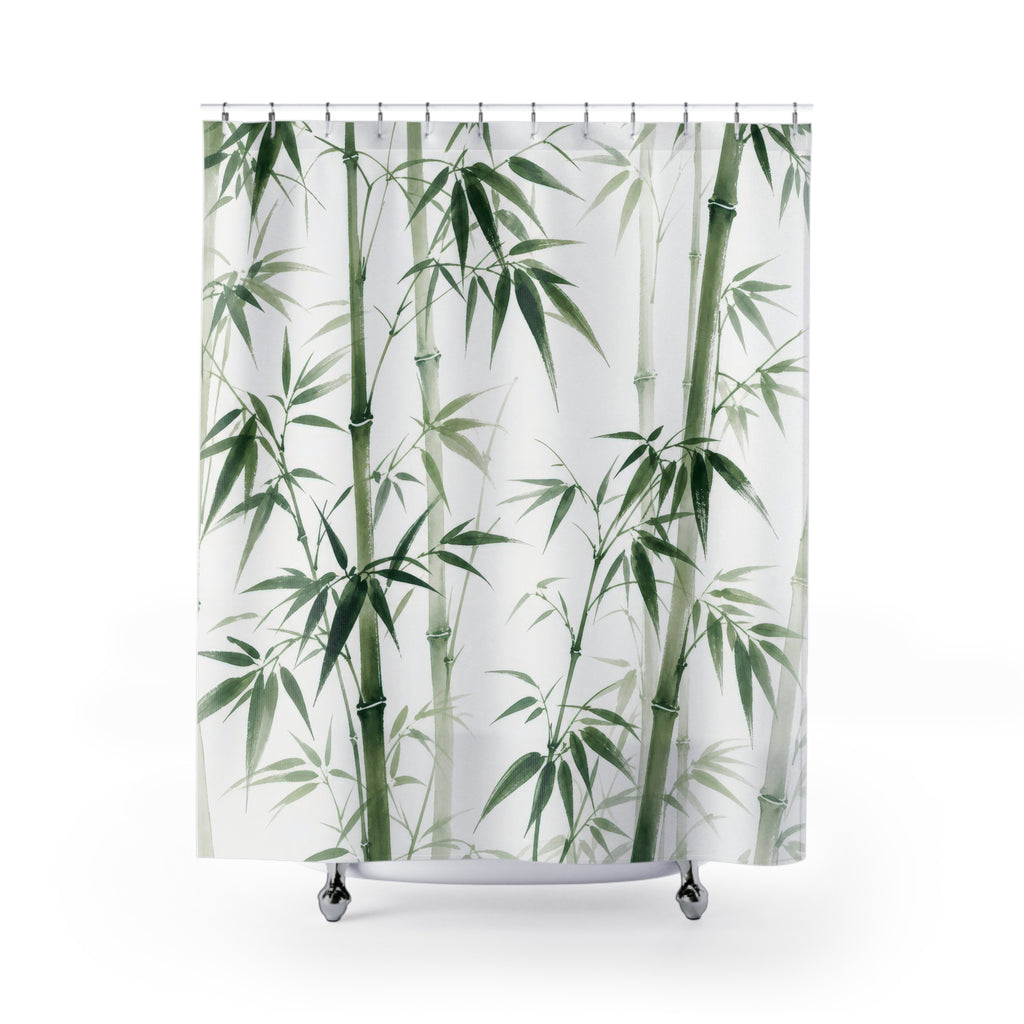 Green White Botanical Stalk Shower Curtain