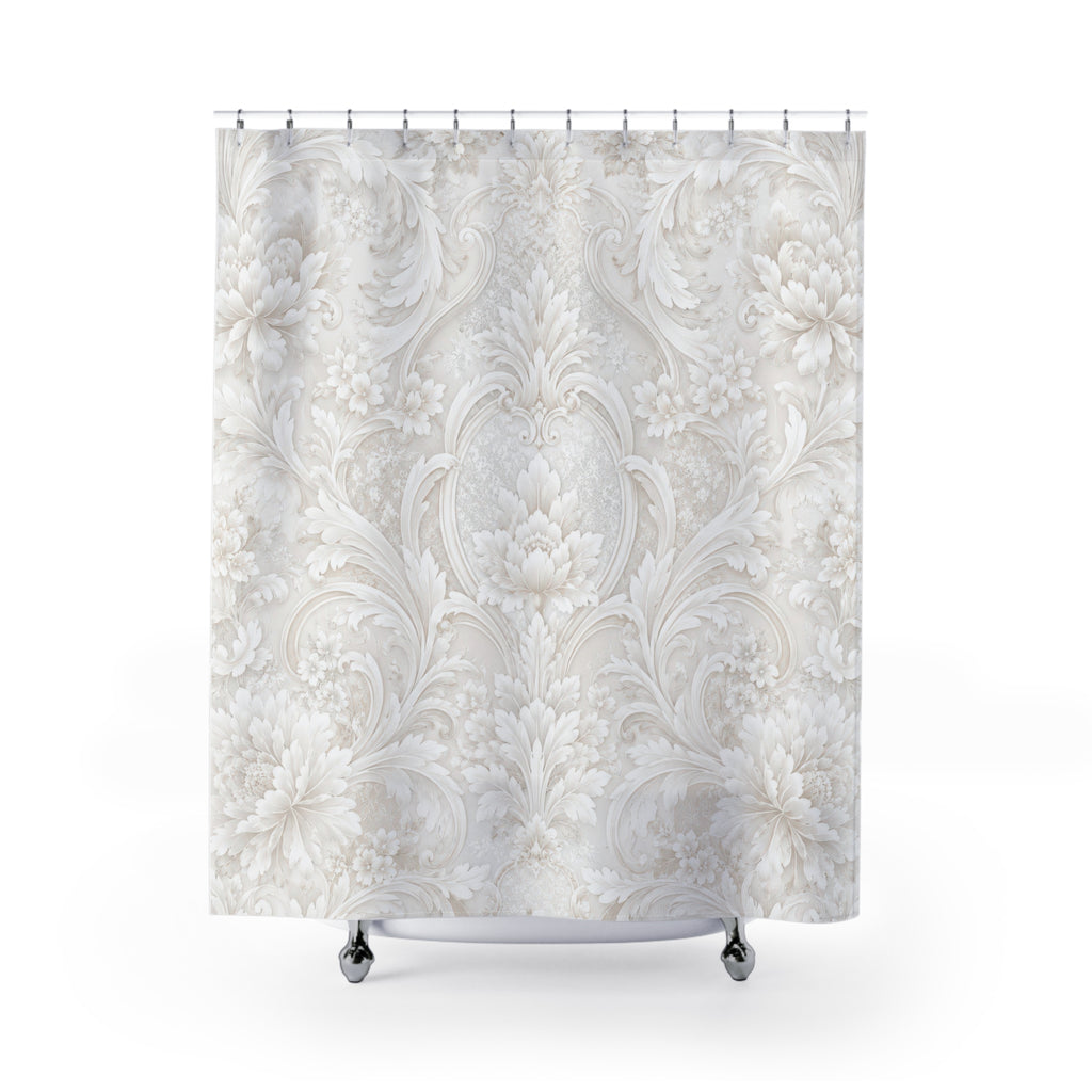 Luxury White Shower Curtain: Floral Damask