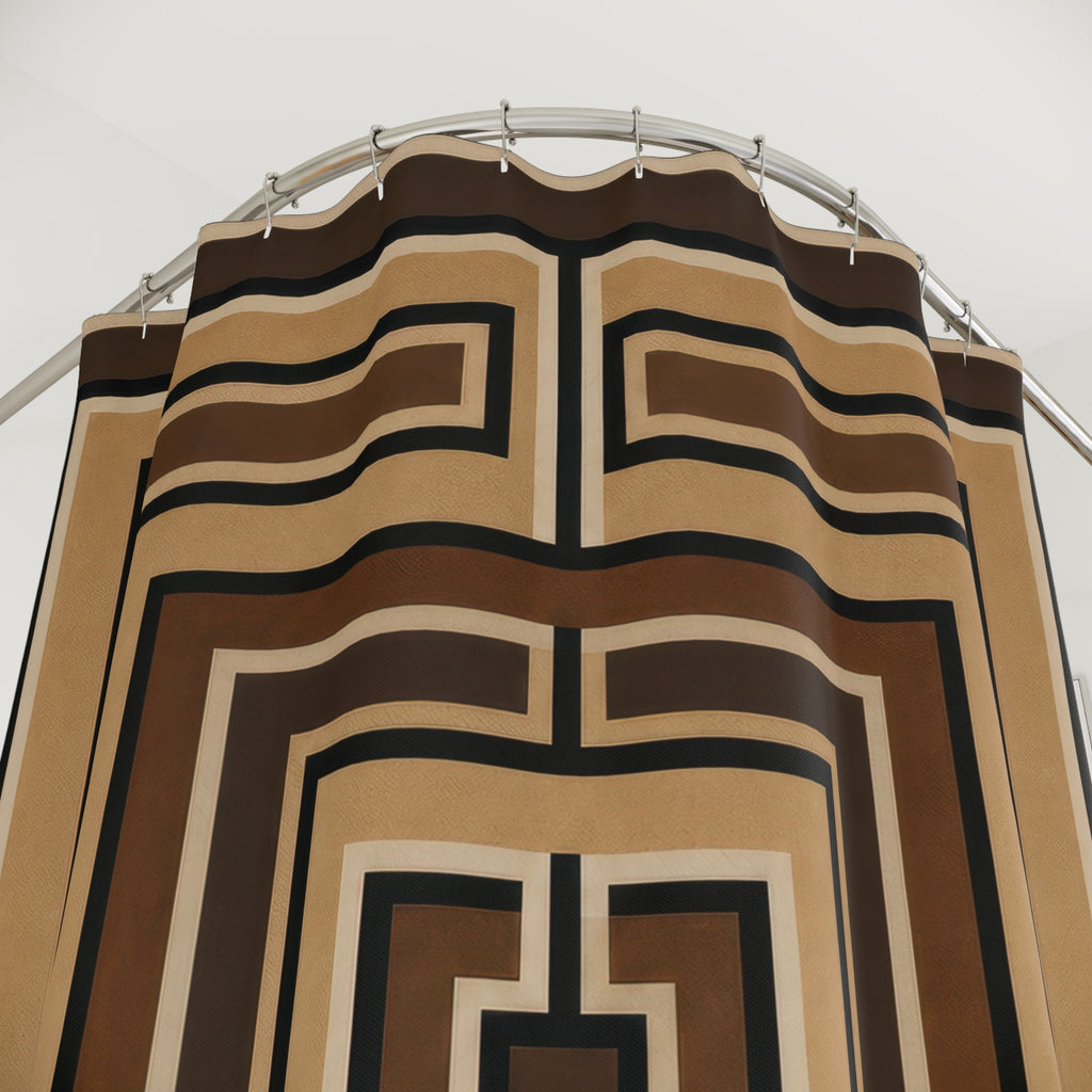 Geometric Shower Curtain, Black Brown Art Deco Bath Decor, Cream Maze Medallion Pattern, Modern Neutral Guest Bathroom Decor Style