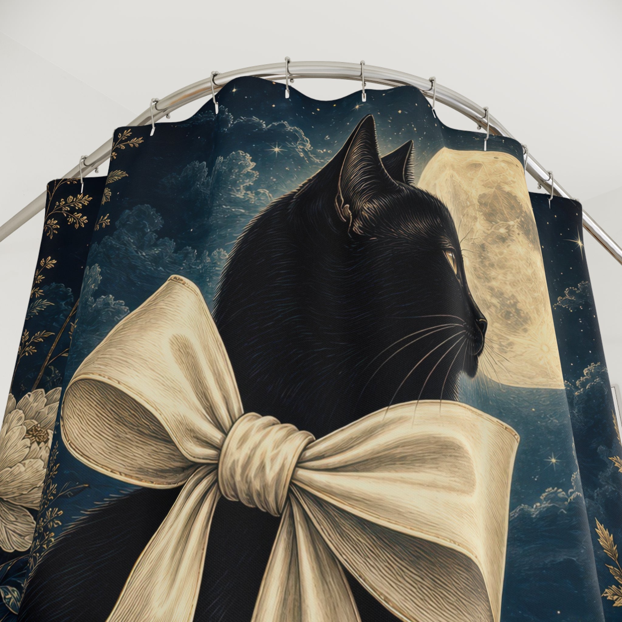 Moonlit Black Cat Bow Shower Curtain
