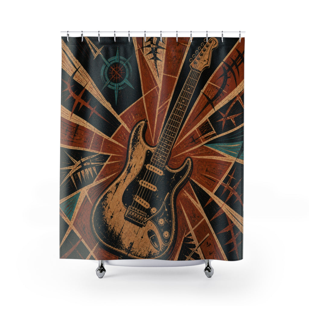 Weathered electric guitar in a terracotta block print burst shower curtain with full front view