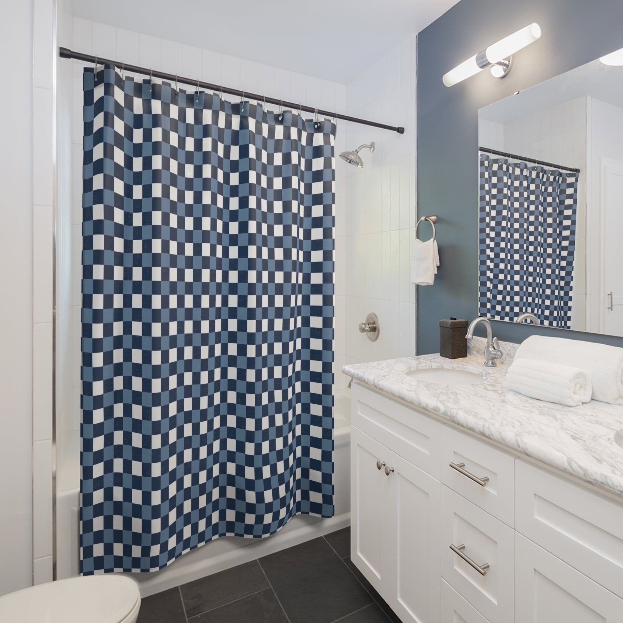 Navy & White Gingham Shower Curtain – Coastal Check