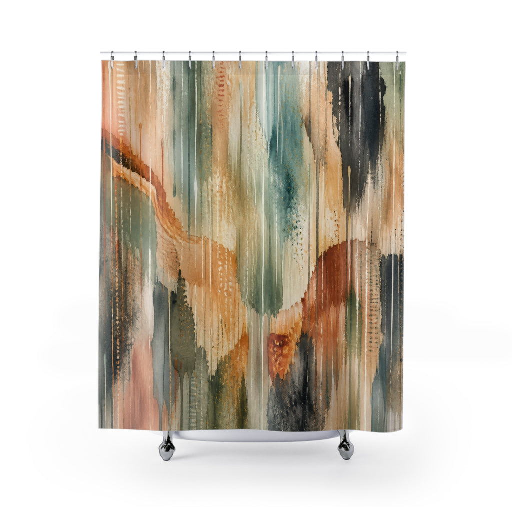Unique Abstract Shower Curtain, Teal Orange Painterly Art, Modern Brush Stroke Bathroom Decor, Warm Neutral Guest Bath, Contemporary Art