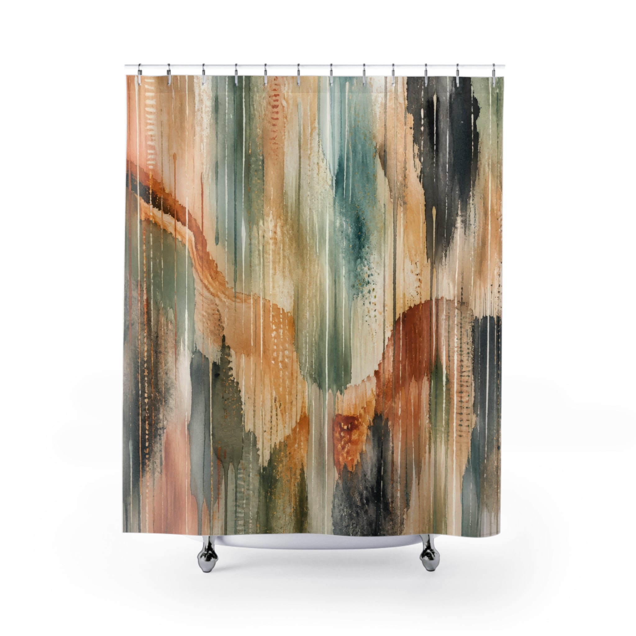Unique Abstract Shower Curtain, Teal Orange Painterly Art, Modern Brush Stroke Bathroom Decor, Warm Neutral Guest Bath, Contemporary Art