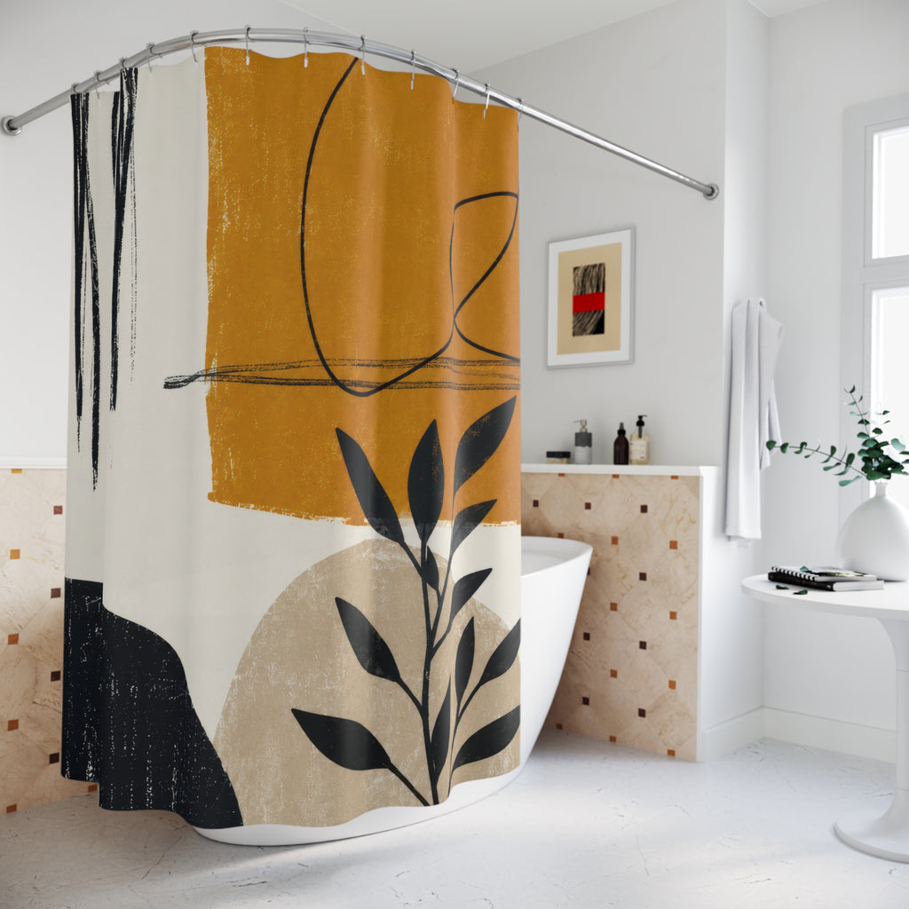 Mustard Abstract Shower Curtain, Black and Beige Botanical Line Art, Modern Minimalist Bathroom Decor, Artsy Ochre Guest Bath Curtain