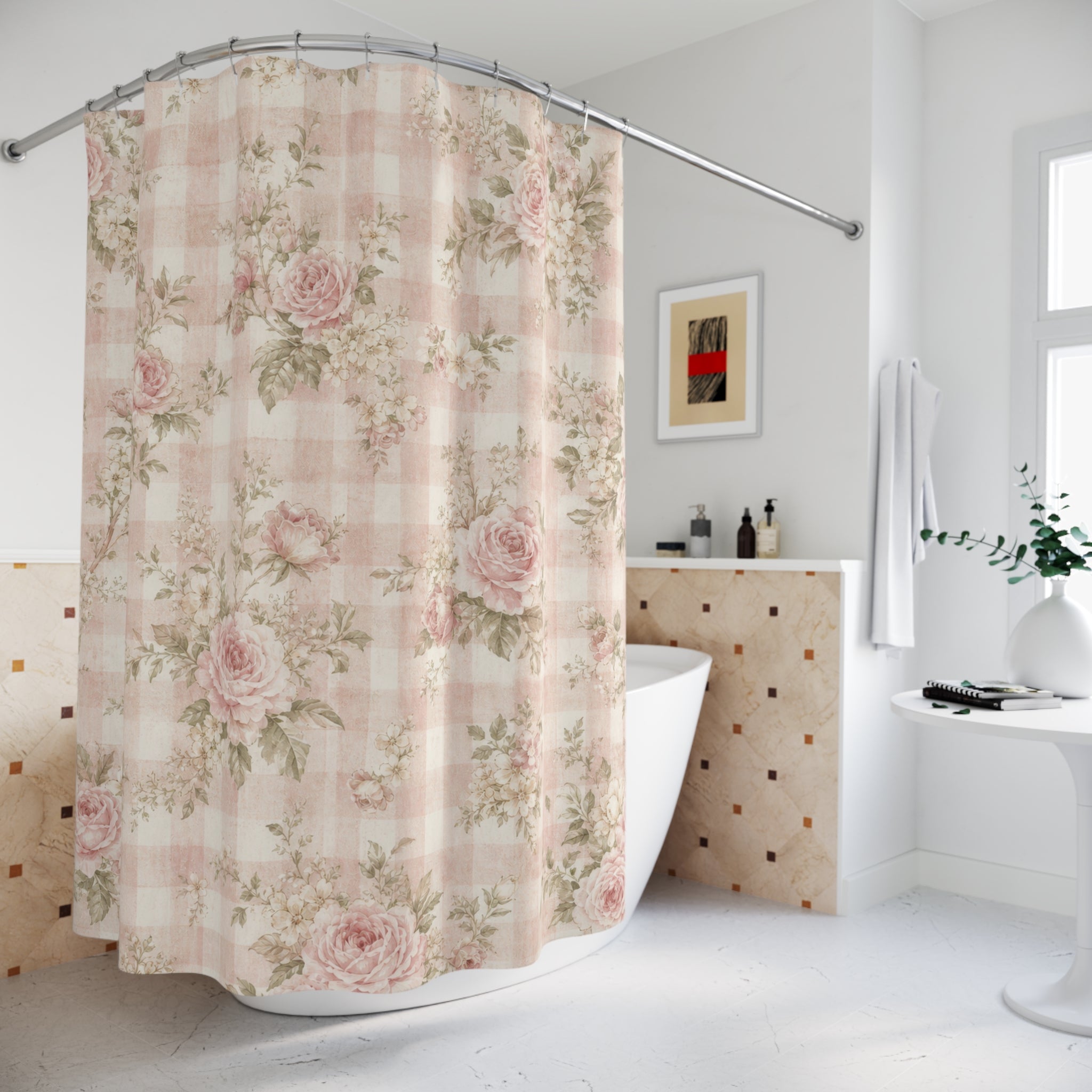 Shabby Chic Rose Check Shower Curtain