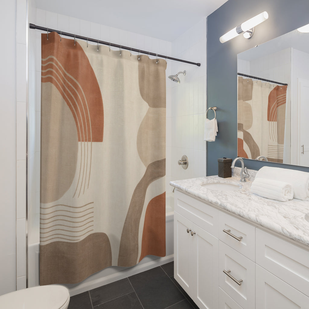 Abstract Shower Curtain, Beige Rust Arches Pattern, Warm Neutral Bathroom Decor, Modern Boho Guest Bath Organic Art Style
