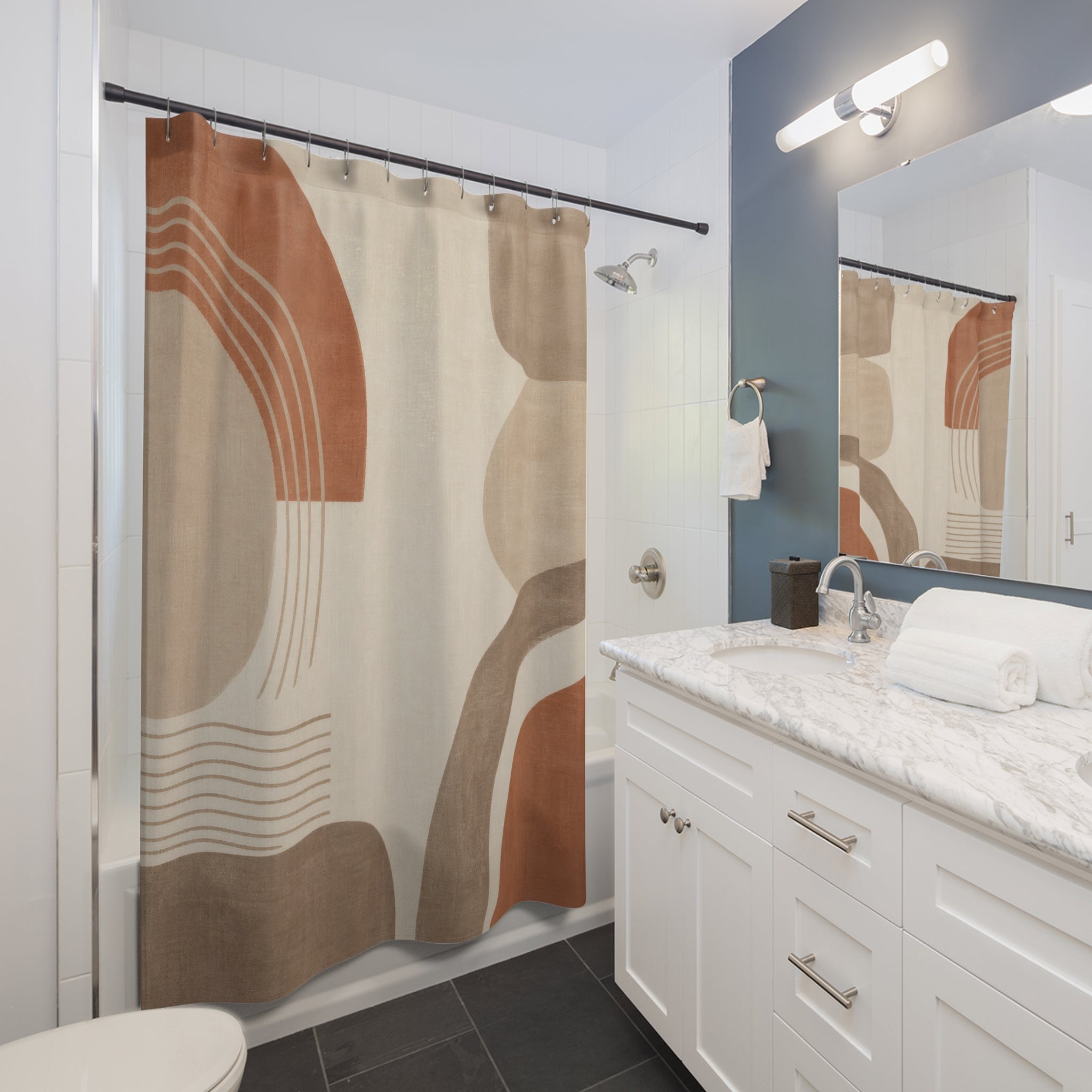 Abstract Shower Curtain, Beige Rust Arches Pattern, Warm Neutral Bathroom Decor, Modern Boho Guest Bath Organic Art Style