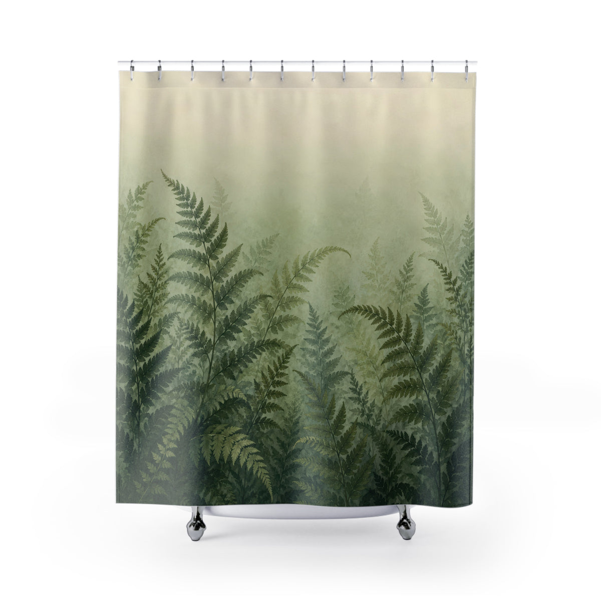Sage and forest green ferns fading into ivory mist shower curtain with full front view