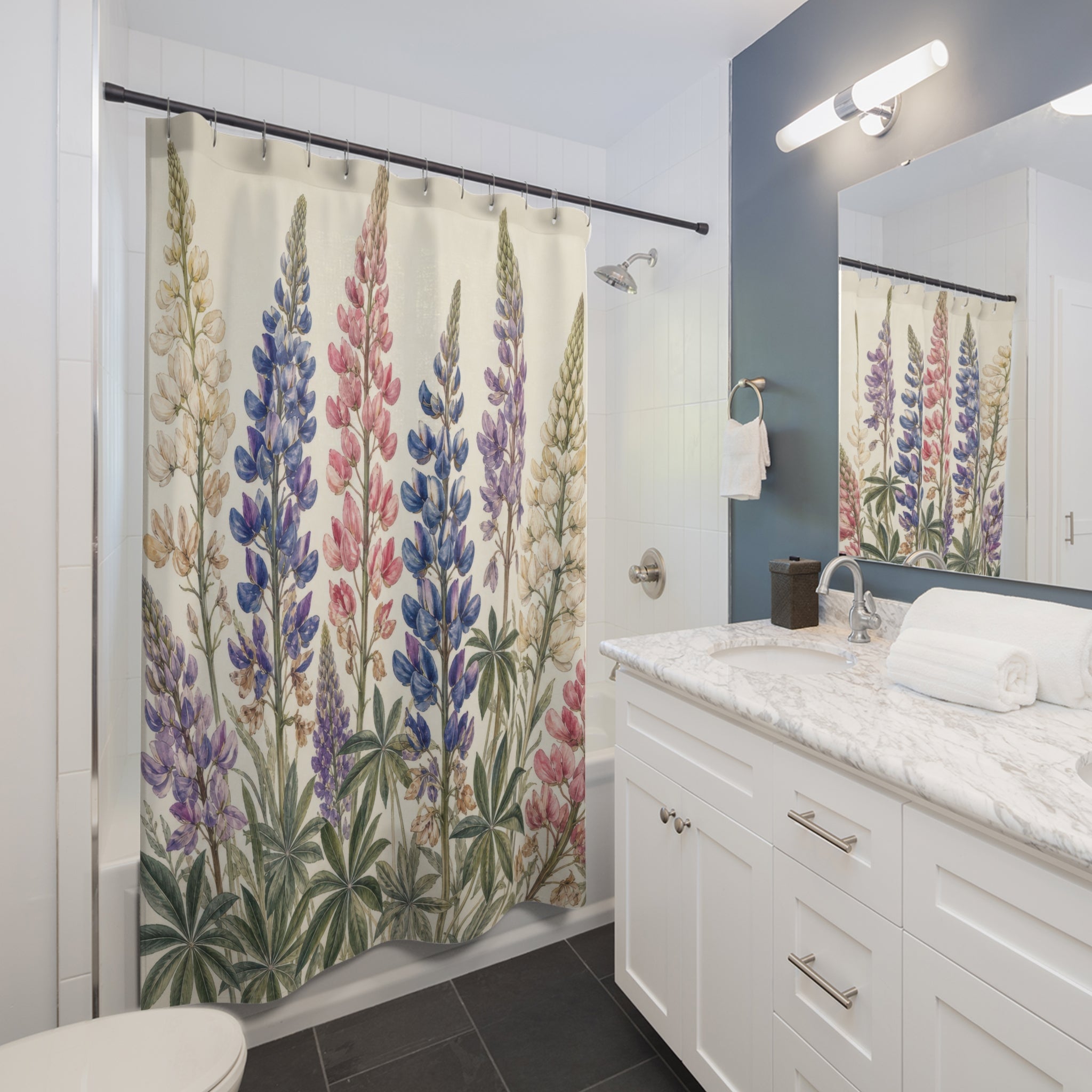 Tall Blue Pink Purple Wildflower Botanical Shower Curtain