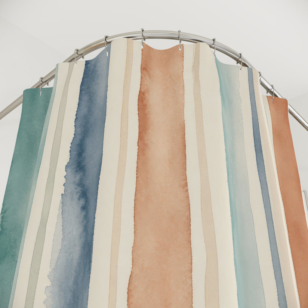 Teal Peach Vertical Stripe Shower Curtain