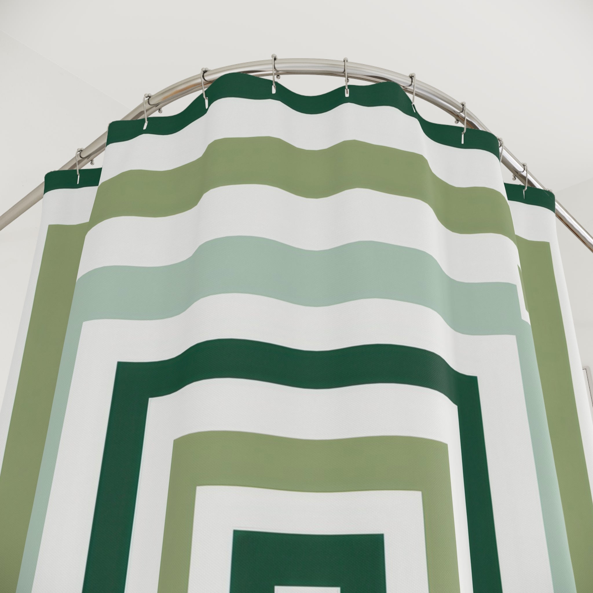 Geometric Shower Curtain, Green White Square Bath Decor, Concentric Sage Pattern, Modern Guest Bathroom Decor, Optical Green Style