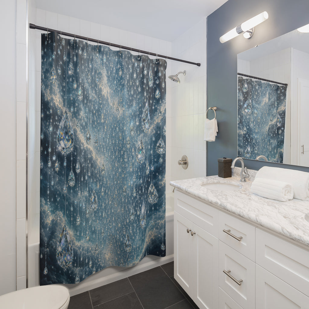 Unique Blue Shower Curtain, Crystal Rain Droplet Art, Sparkling Icy Bathroom Decor, Cool Abstract Guest Bath Wall Accent Gift For Home