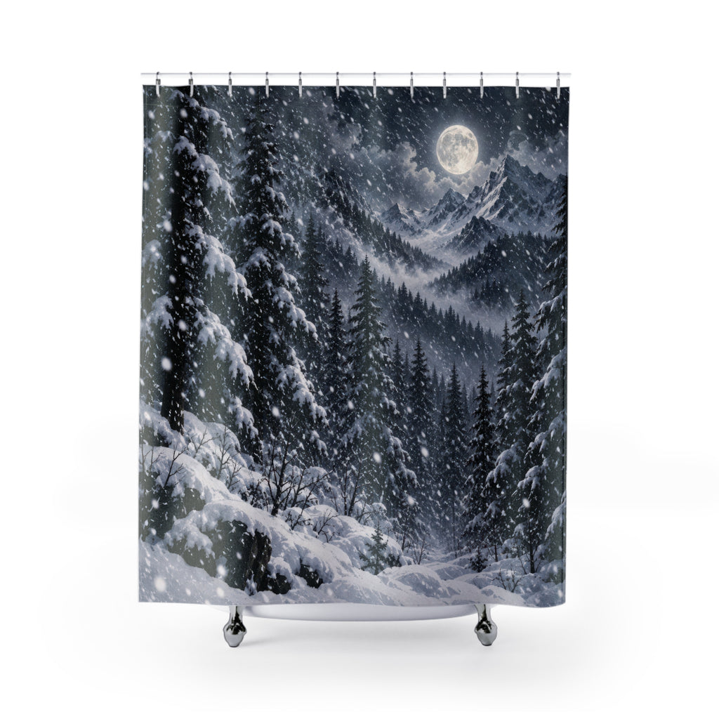 Moonlit snow-covered alpine forest shower curtain with full front view