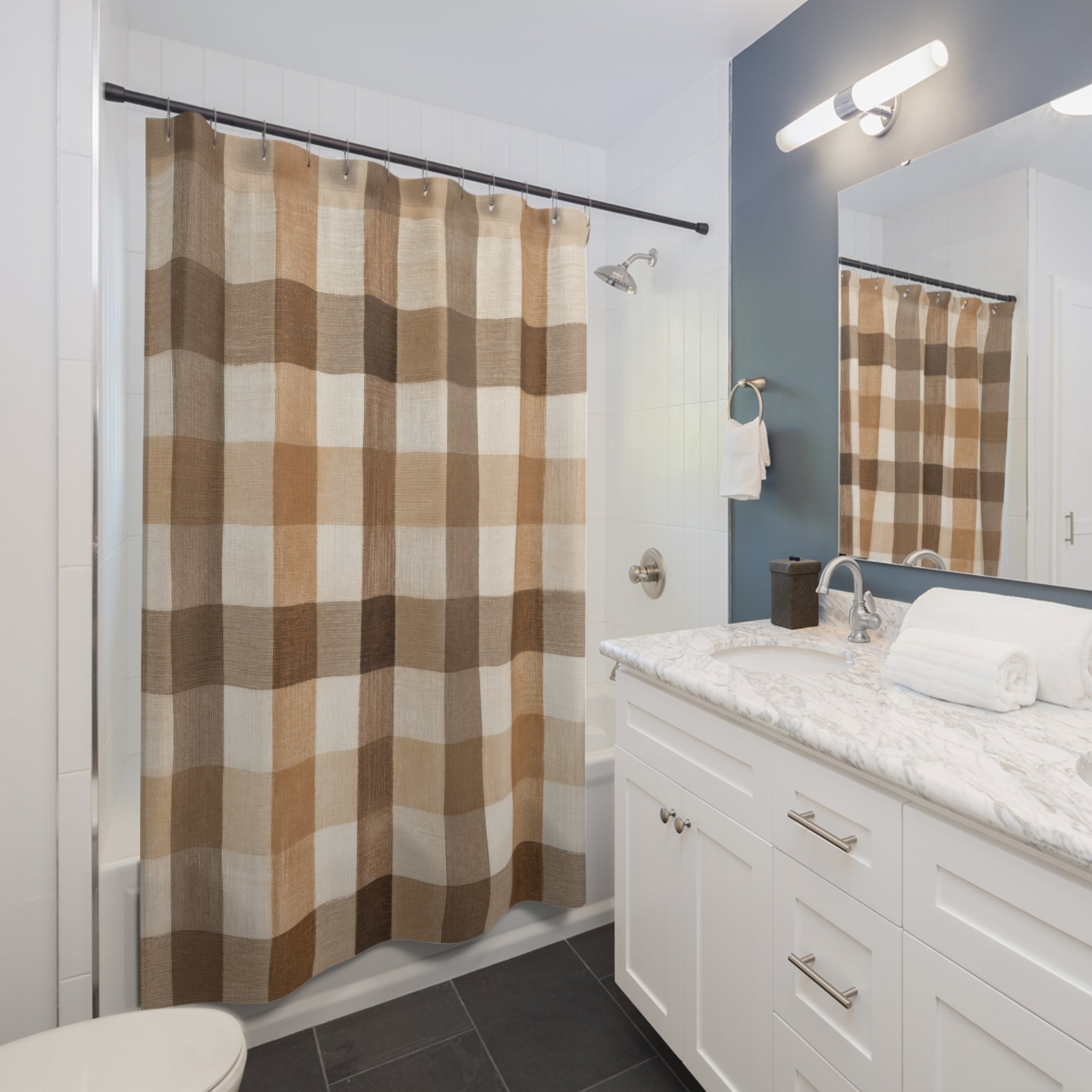 Brown Beige Gingham Check Shower Curtain