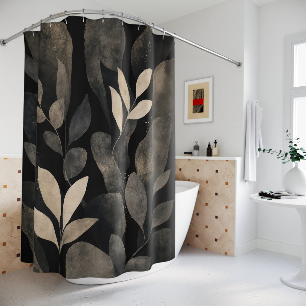 Black Botanical Shower Curtain, Charcoal Leaf Bath Decor, Cream Gray Painted Branch Pattern, Moody Floral Bathroom Decor, Modern Garden