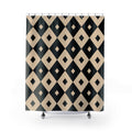 Beige and black inset diamond checks shower curtain with full front view