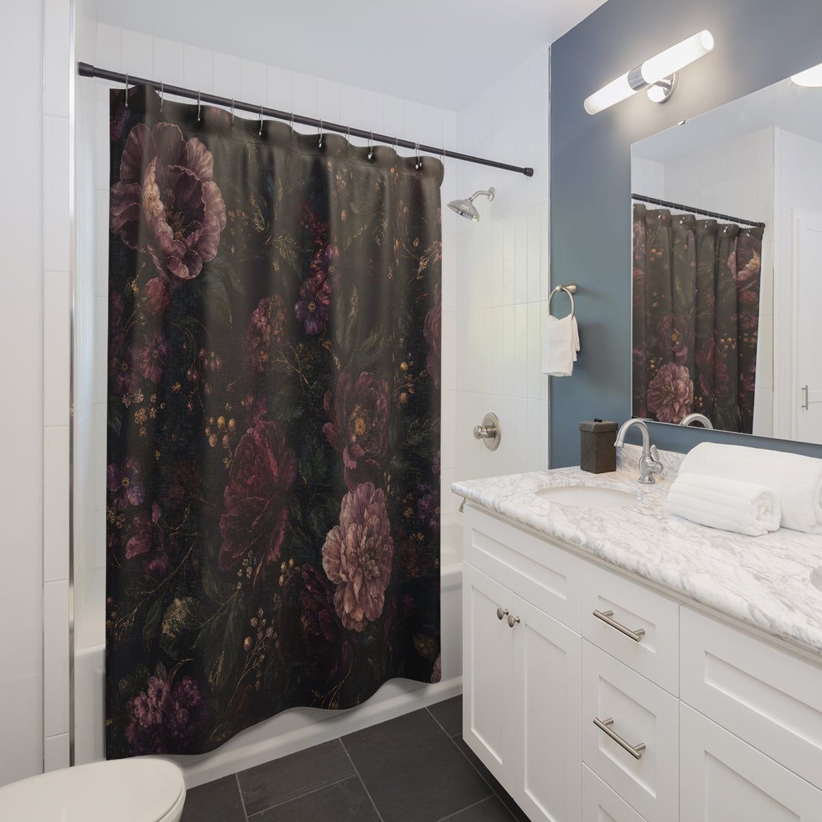 Midnight Garden dark floral burgundy shower curtain beside a white vanity