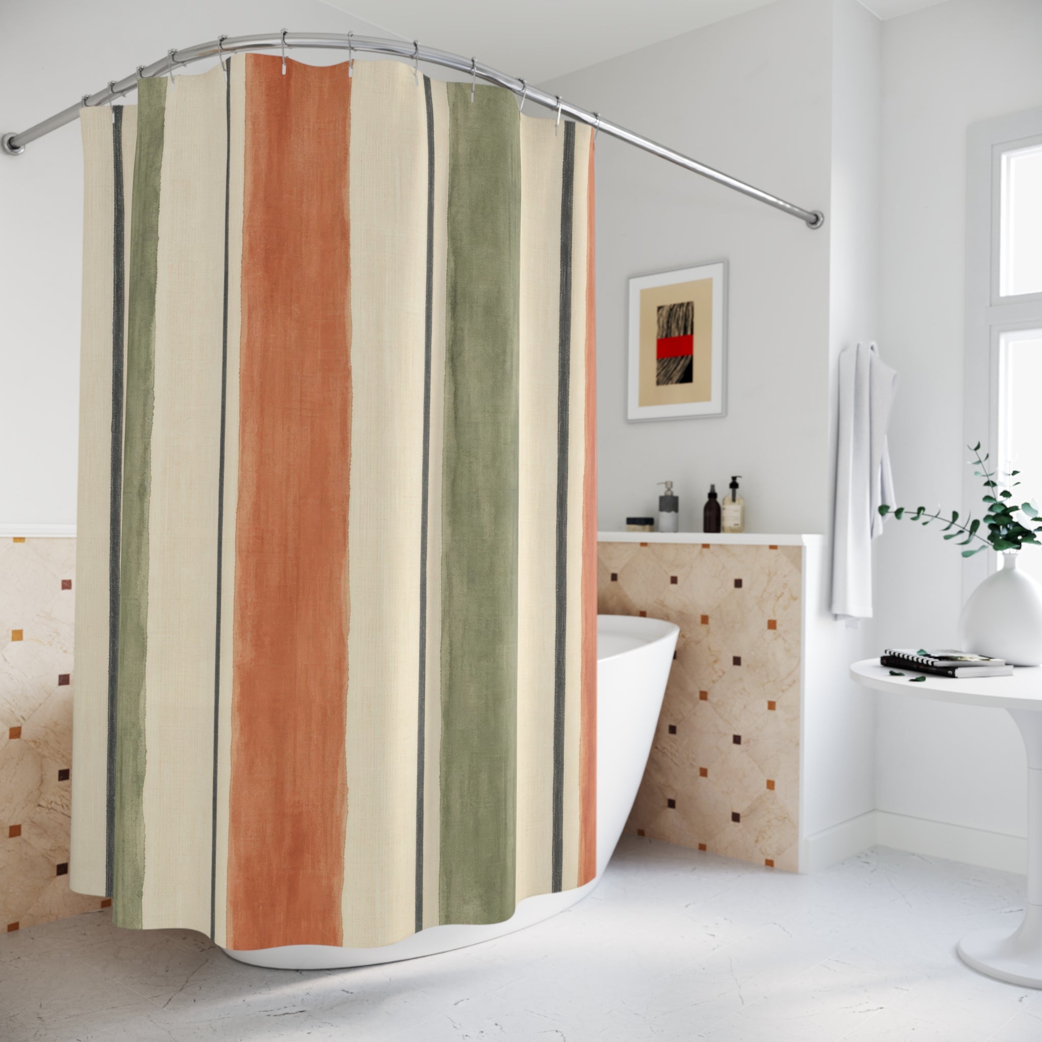 Sage Terracotta Vertical Watercolor Stripe Shower Curtain