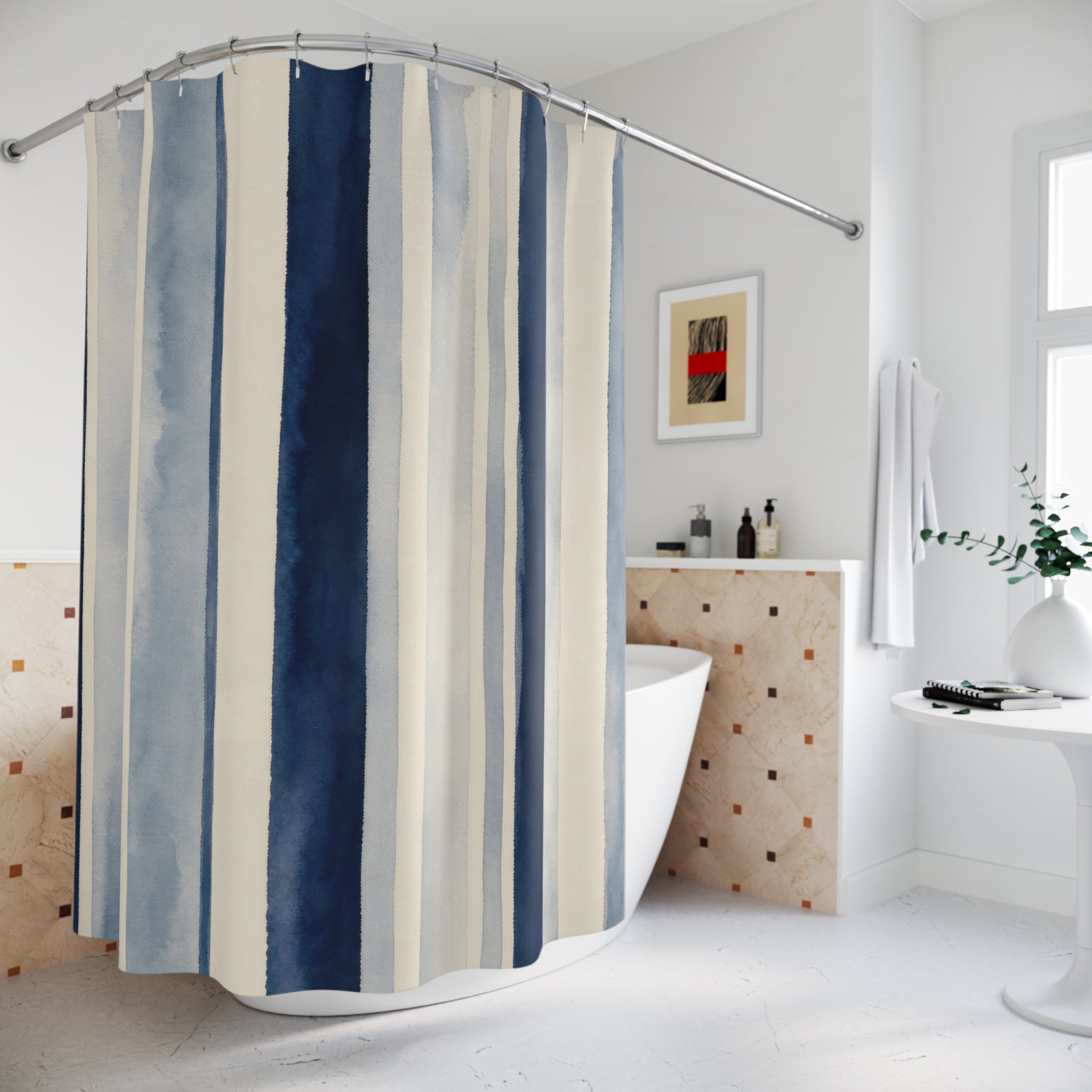 Pale Navy Cream Watercolor Stripe Shower Curtain