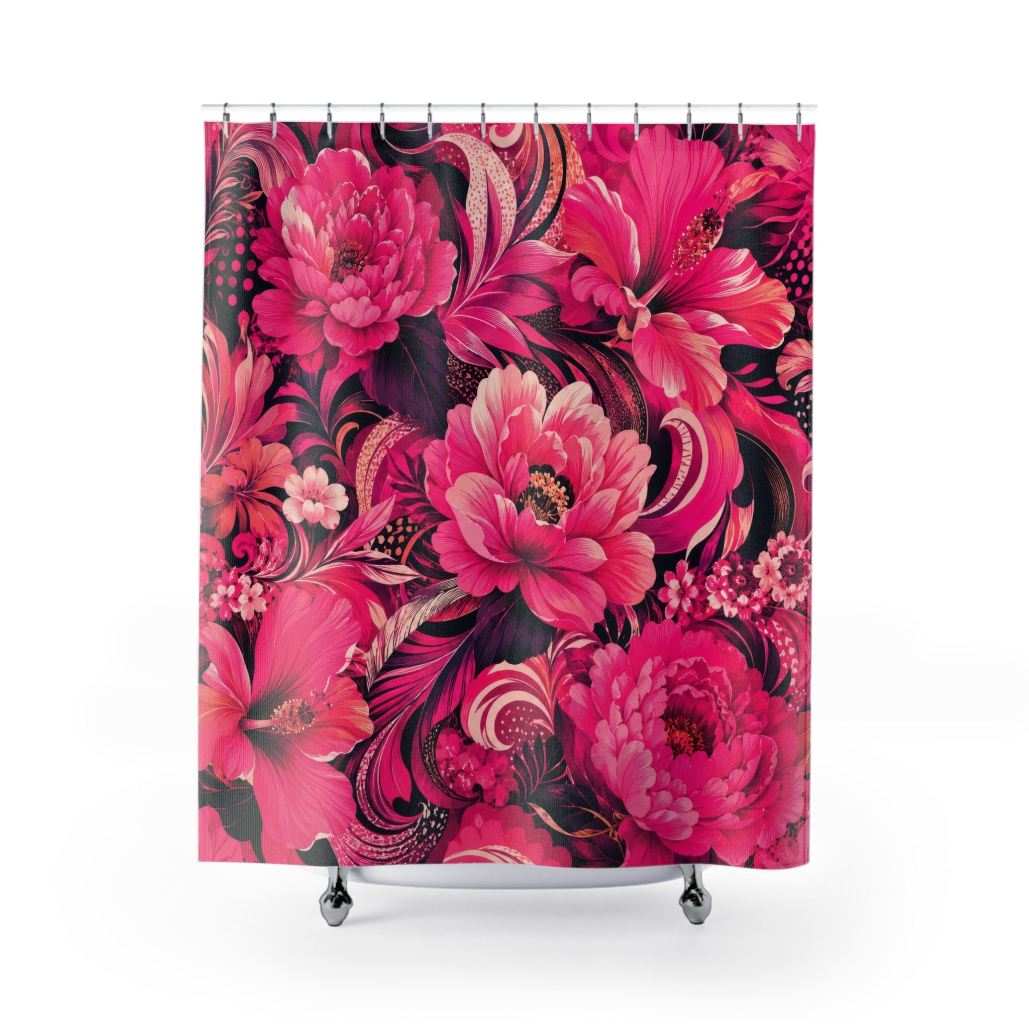 Hot Pink Floral Shower Curtain: Fuchsia Black Maximalist