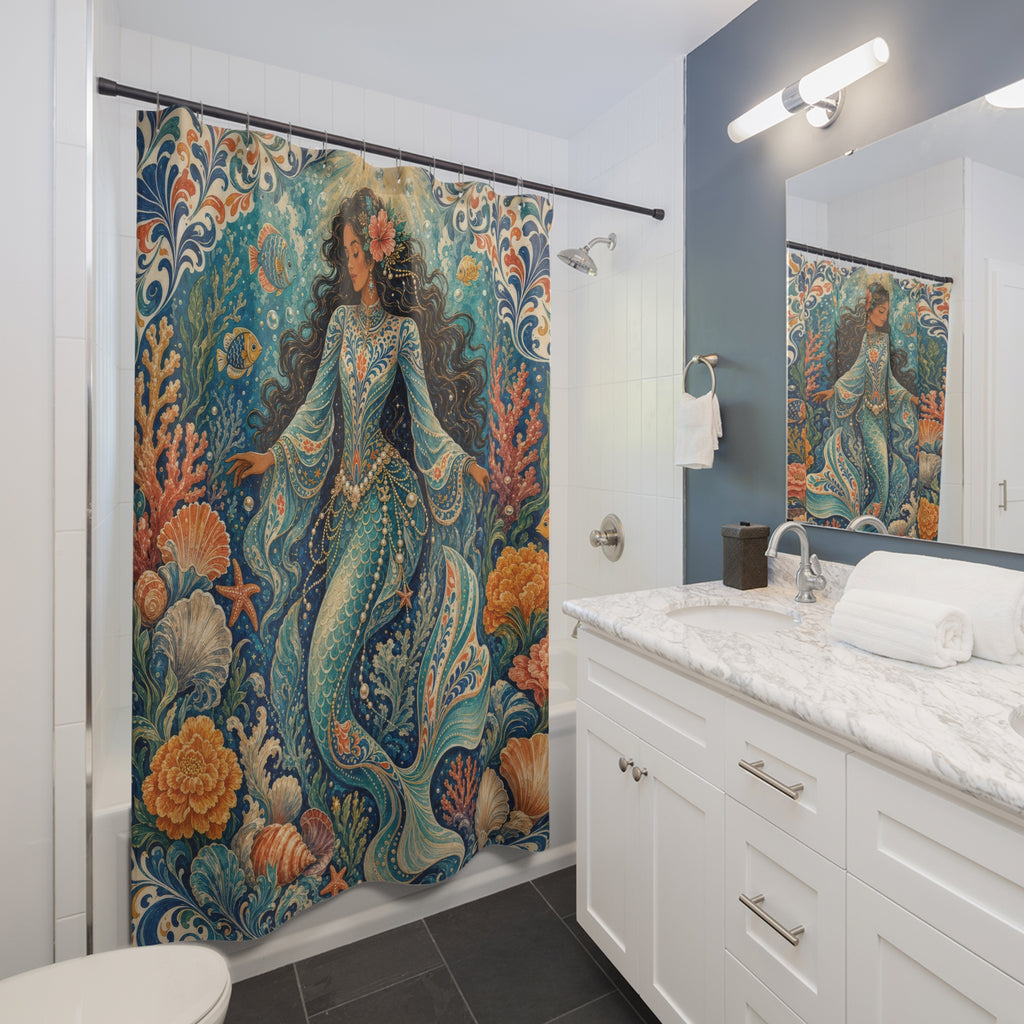 Dark Curly Hair Ocean Shower Curtain