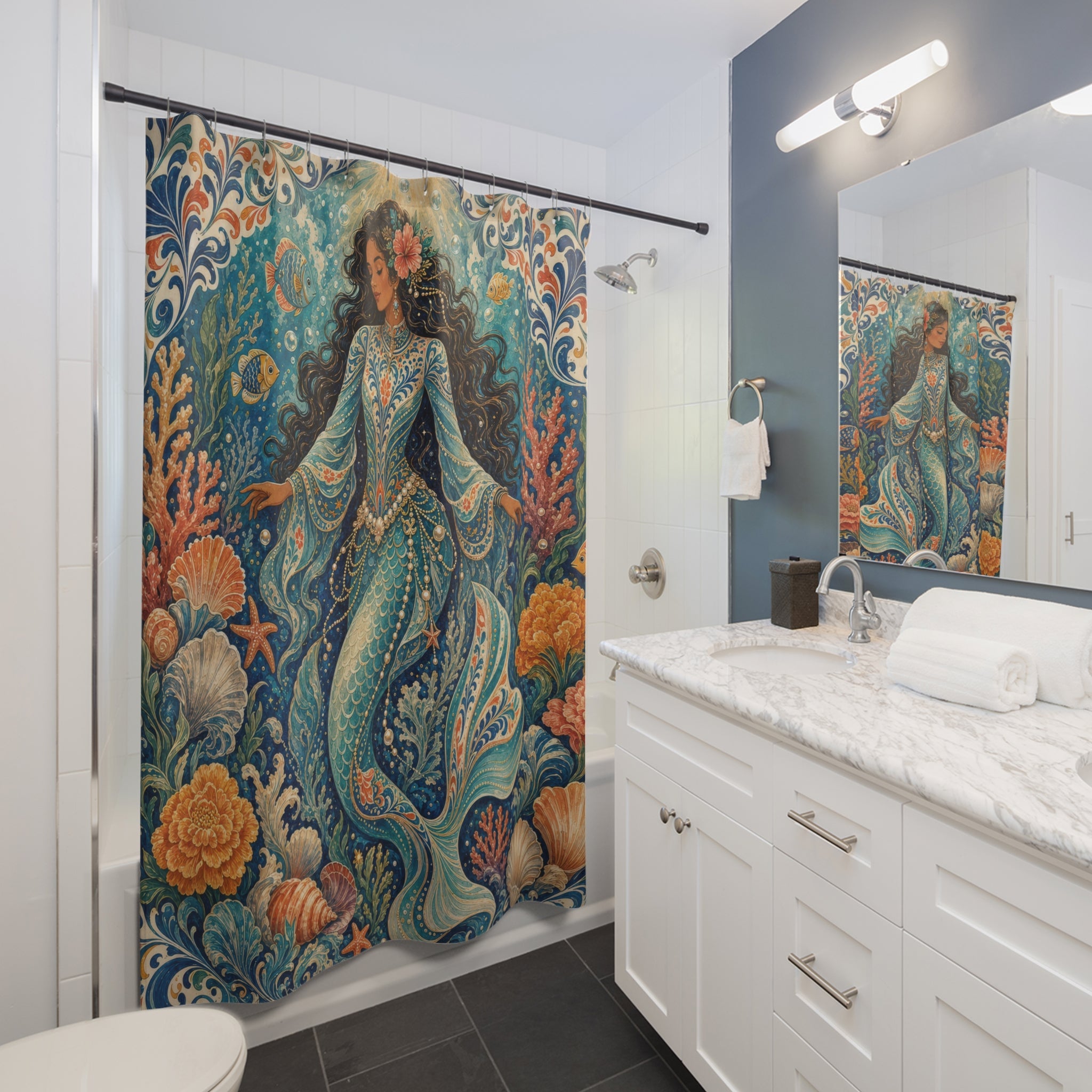 Dark Curly Hair Ocean Shower Curtain