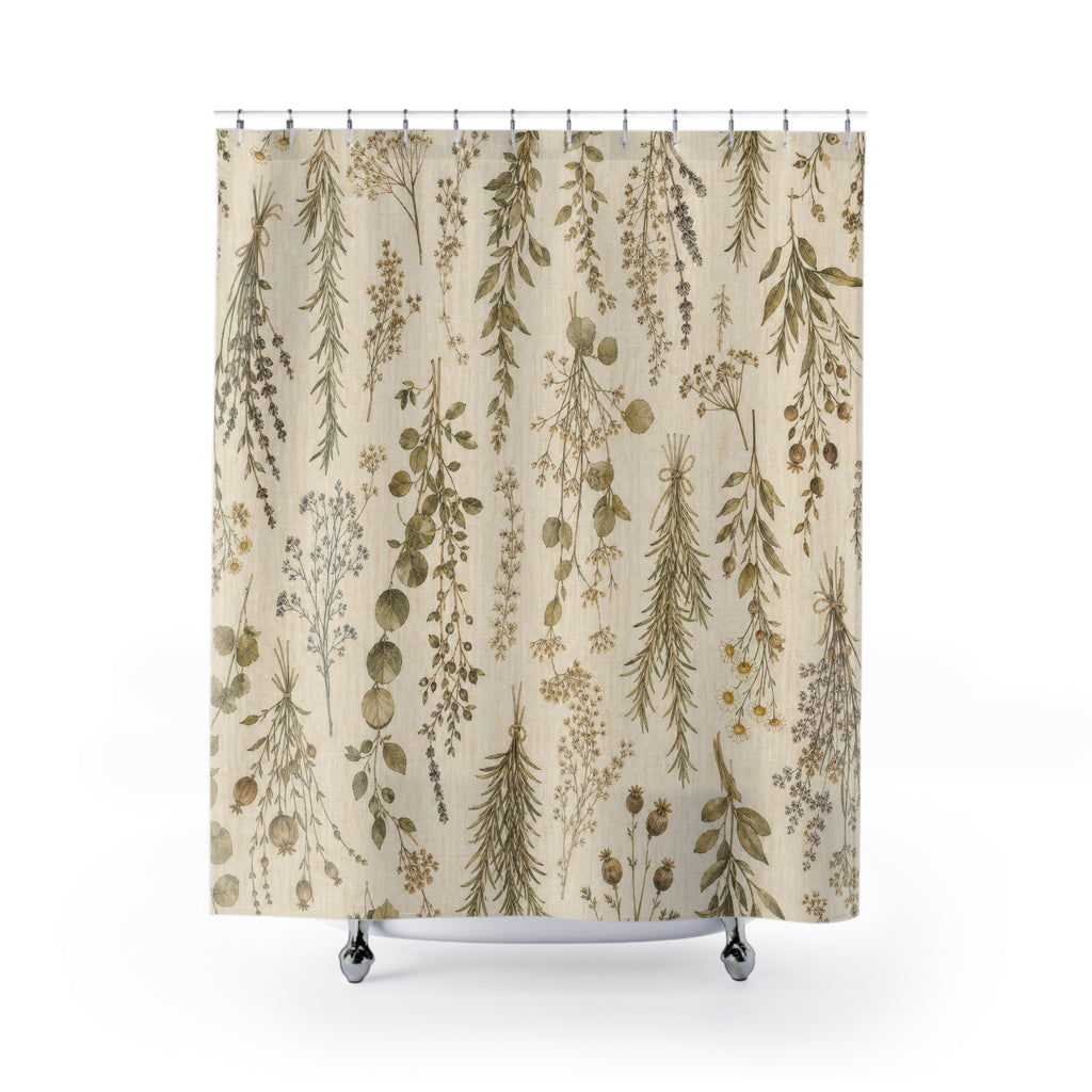 Botanical Shower Curtain, Farmhouse Herb Bath Decor, Hanging Greenery Pattern, Rustic Guest Bathroom Decor, Cream Garden Style Decor