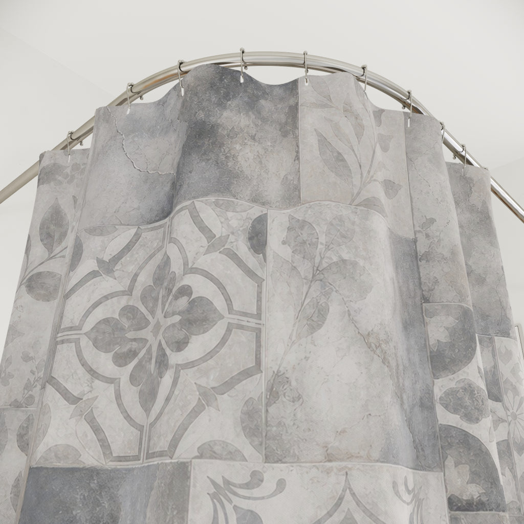 Tile Shower Curtain, Gray Geometric Bath Decor, Patchwork Marble Botanical Pattern, Neutral Guest Bathroom Decor, Classic Tile Style