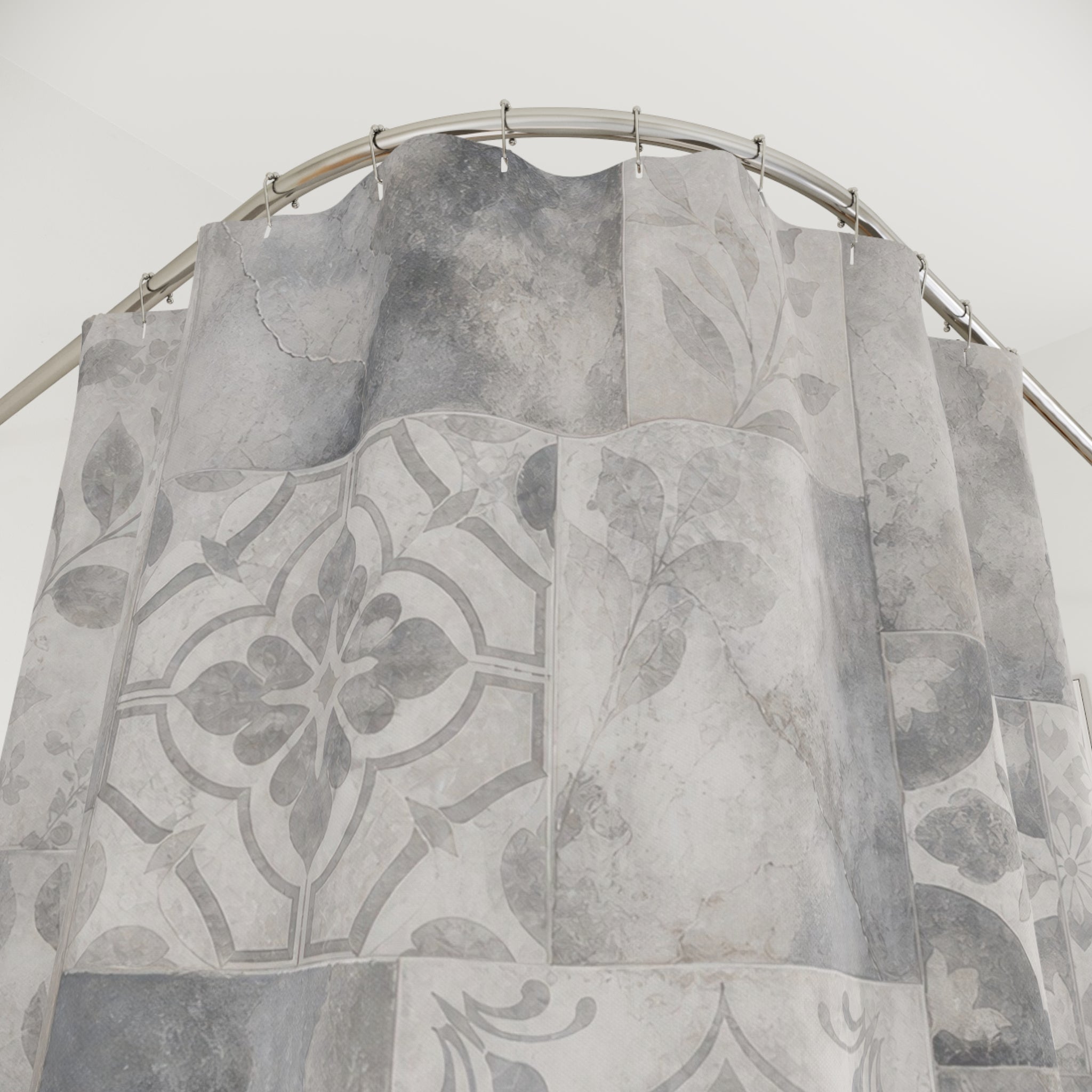 Tile Shower Curtain, Gray Geometric Bath Decor, Patchwork Marble Botanical Pattern, Neutral Guest Bathroom Decor, Classic Tile Style