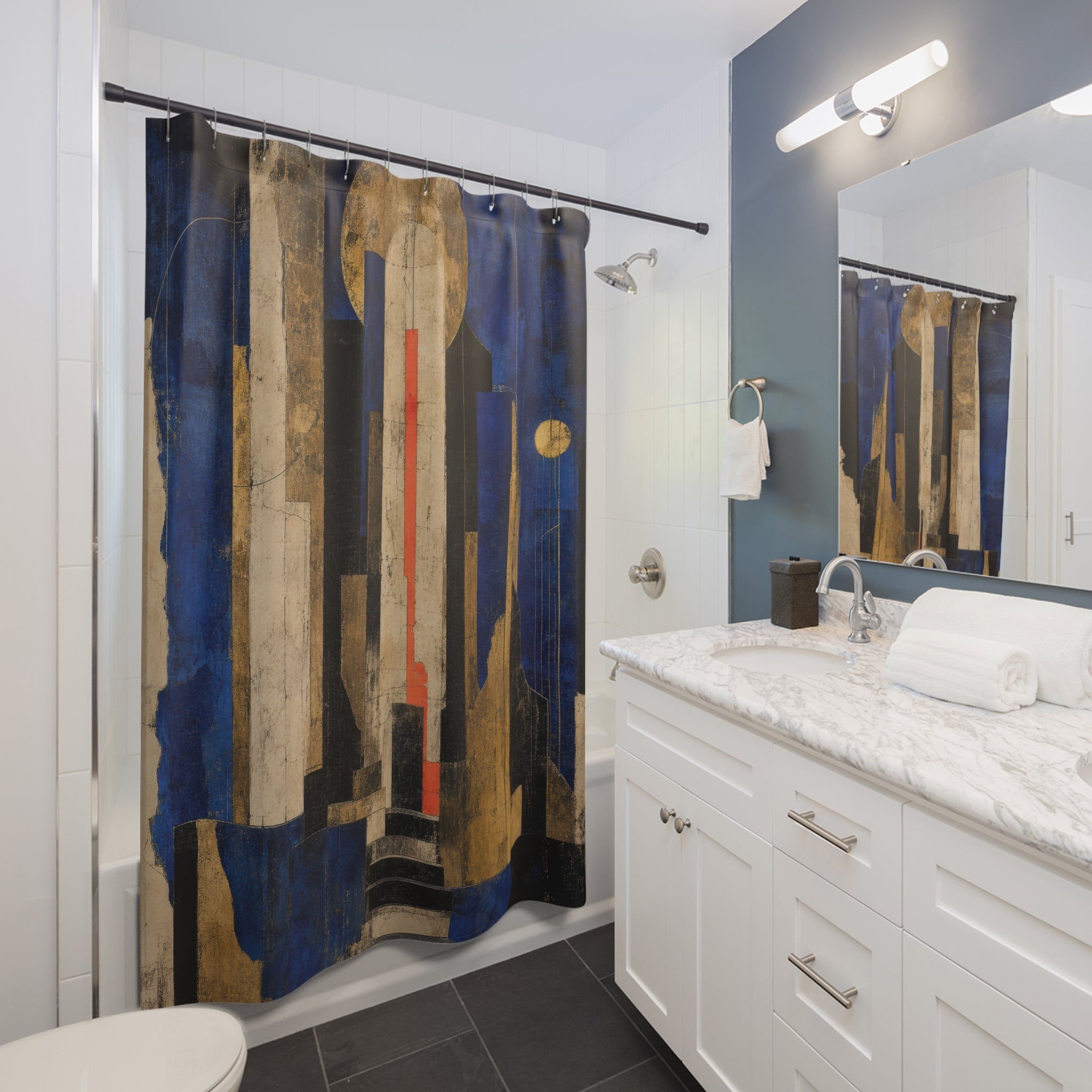 Art Deco Shower Curtain, Navy Blue Gold Architectural Arch, Abstract Geometric Bathroom Decor, Modern Glam Guest Bath Art, Bold Bath Decor