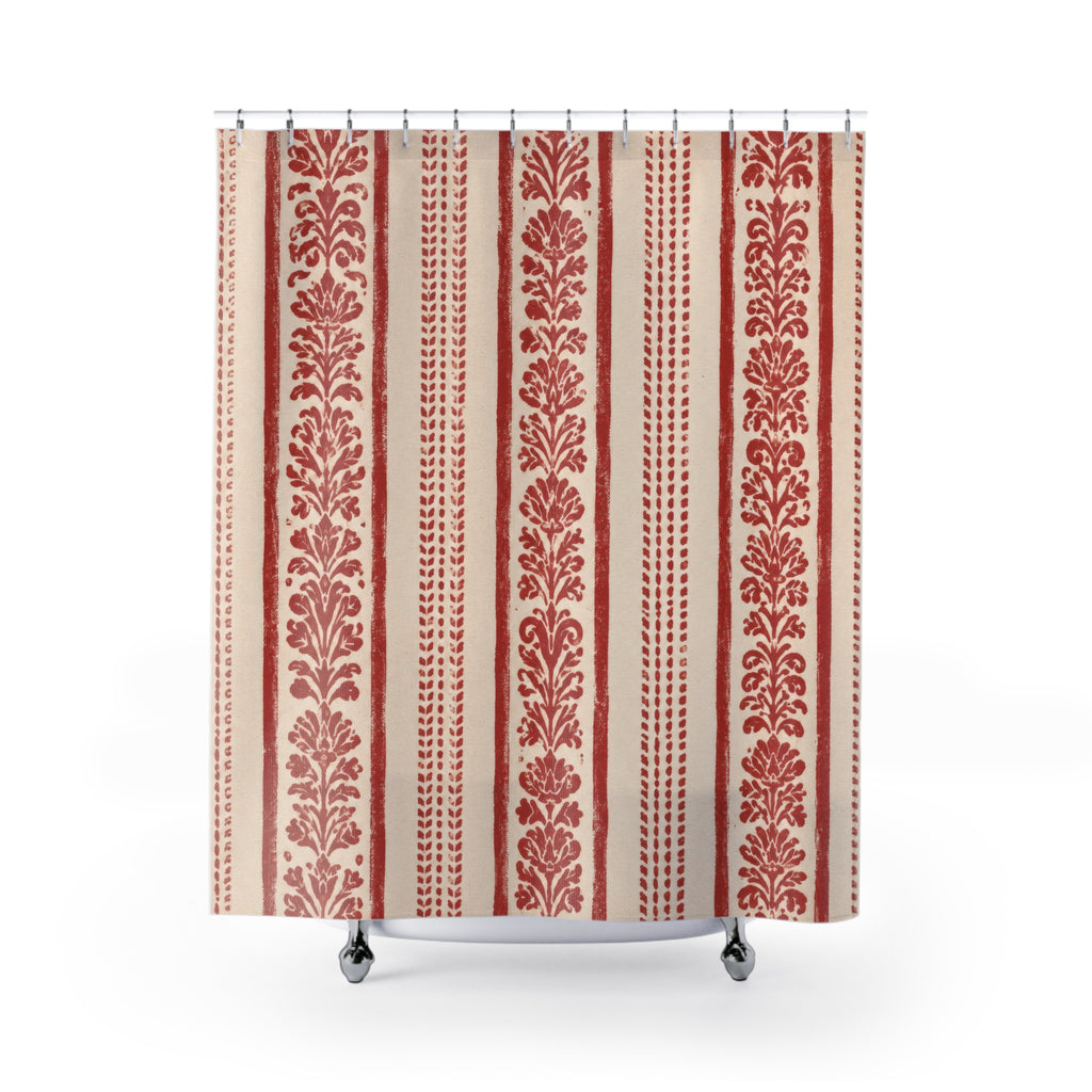 Red White Floral Block Print Shower Curtain