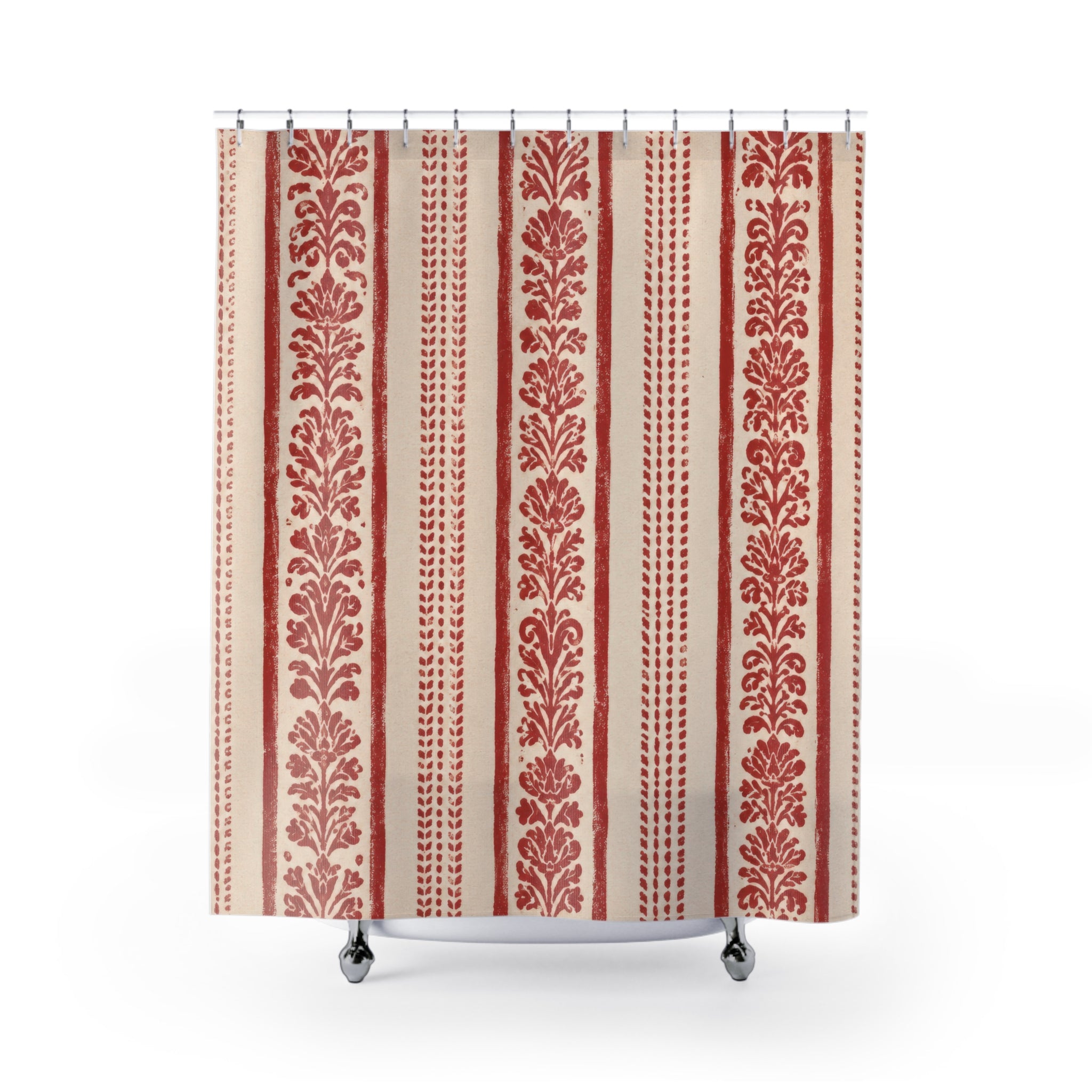 Red White Floral Block Print Shower Curtain