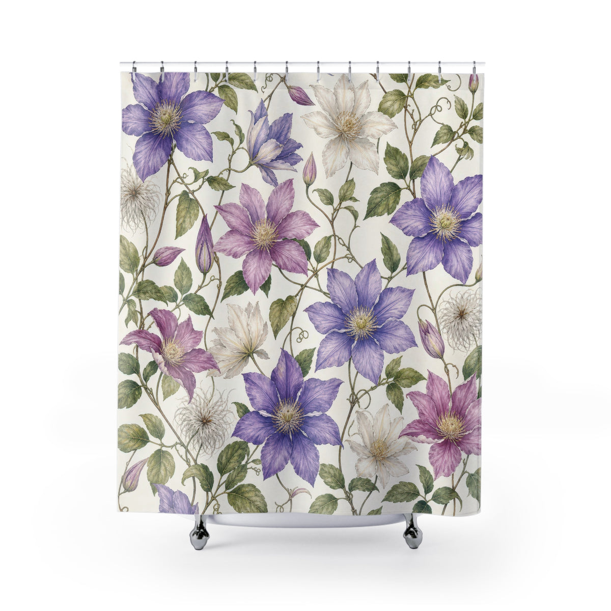 Clematis Vine Botanical purple floral shower curtain with full front view