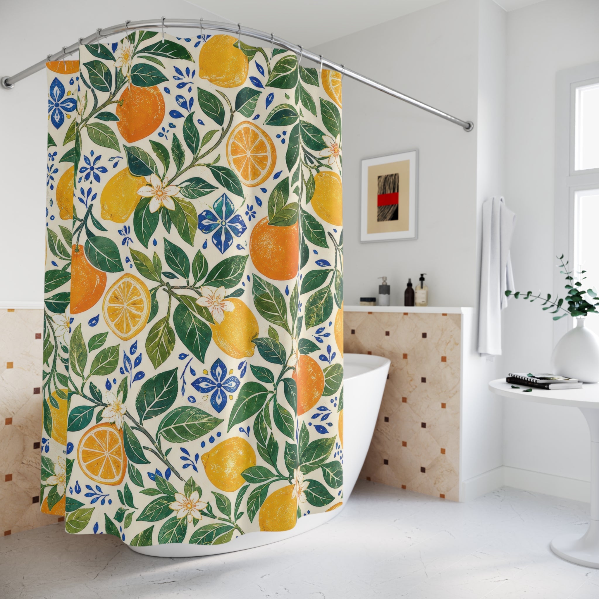Unique Orange Shower Curtain, Citrus Botanical Pattern, Lemon Orange Branch Decor, Fresh Green White Guest Bath, Summer Fruit Decor