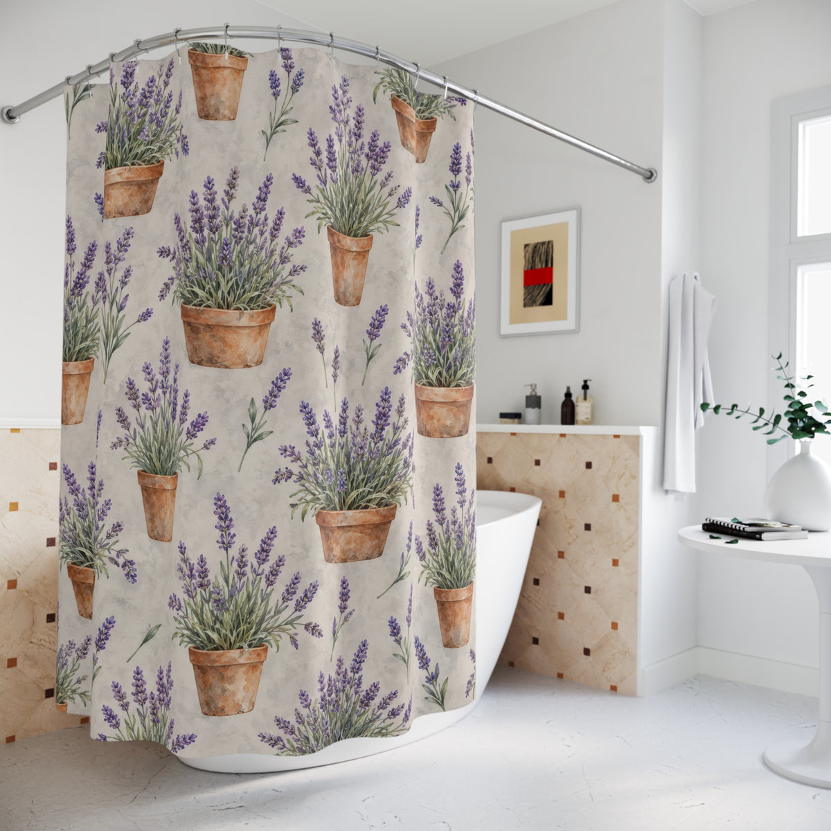 Purple lavender in terracotta pots on pale gray shower curtain beside a freestanding tub