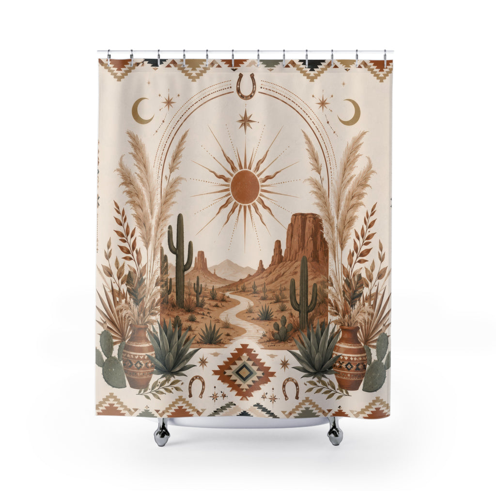 Western Boho Shower Curtain: Desert Cactus Sun Moon