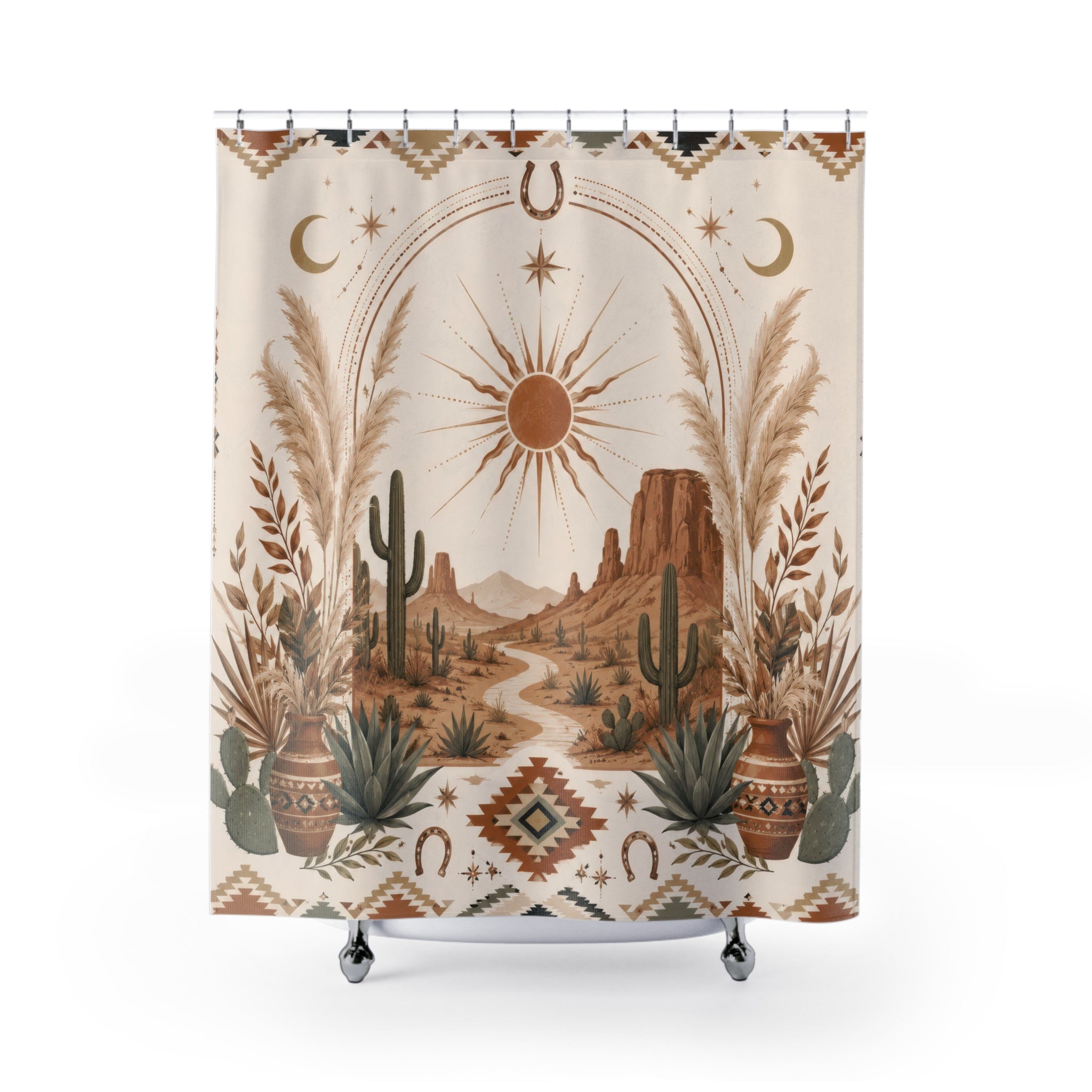 Western Boho Shower Curtain: Desert Cactus Sun Moon