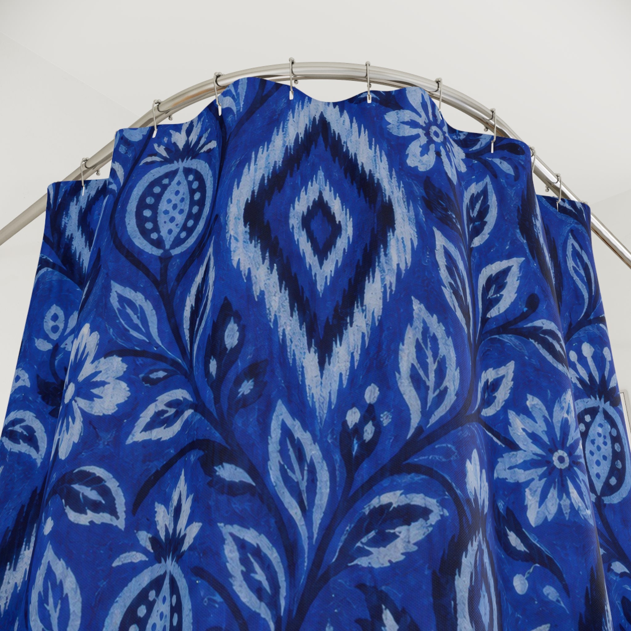 Blue Ikat Floral Shower Curtain, Indigo Blue Bohemian Bathroom Decor, Ikat Floral Bath Curtain, Guest Bath Decor, Small Bathroom Decor