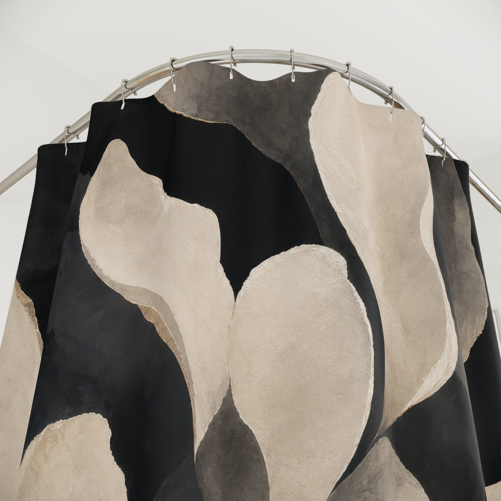 Black Floral Shower Curtain, White Magnolia Bath Decor, Cream Gray Large Flower Pattern, Modern Botanical Guest Bathroom Decor Style