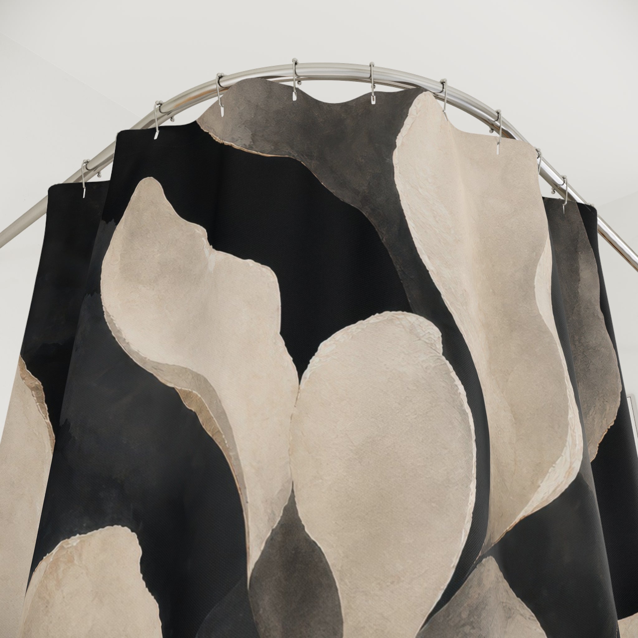 Black Floral Shower Curtain, White Magnolia Bath Decor, Cream Gray Large Flower Pattern, Modern Botanical Guest Bathroom Decor Style