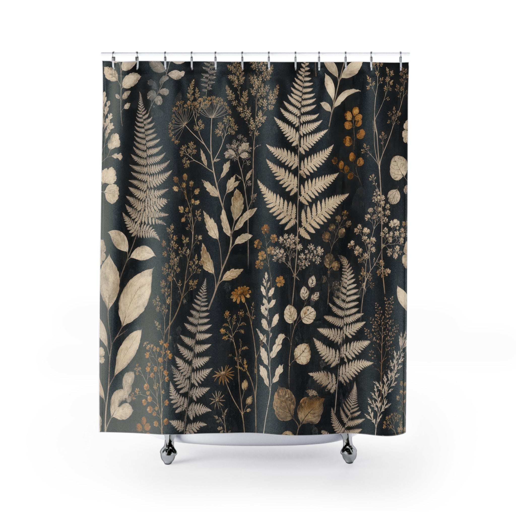 Black Floral Shower Curtain, Fern Botanical Pattern, Dark Moody Bathroom Decor, Elegant Dark Wall Decor Guest Bath Wall Gift For Home