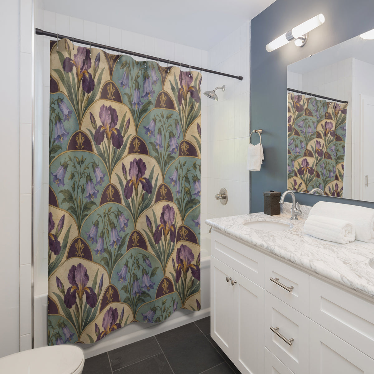 Purple iris and bluebells in a scalloped tile repeat shower curtain beside a white vanity
