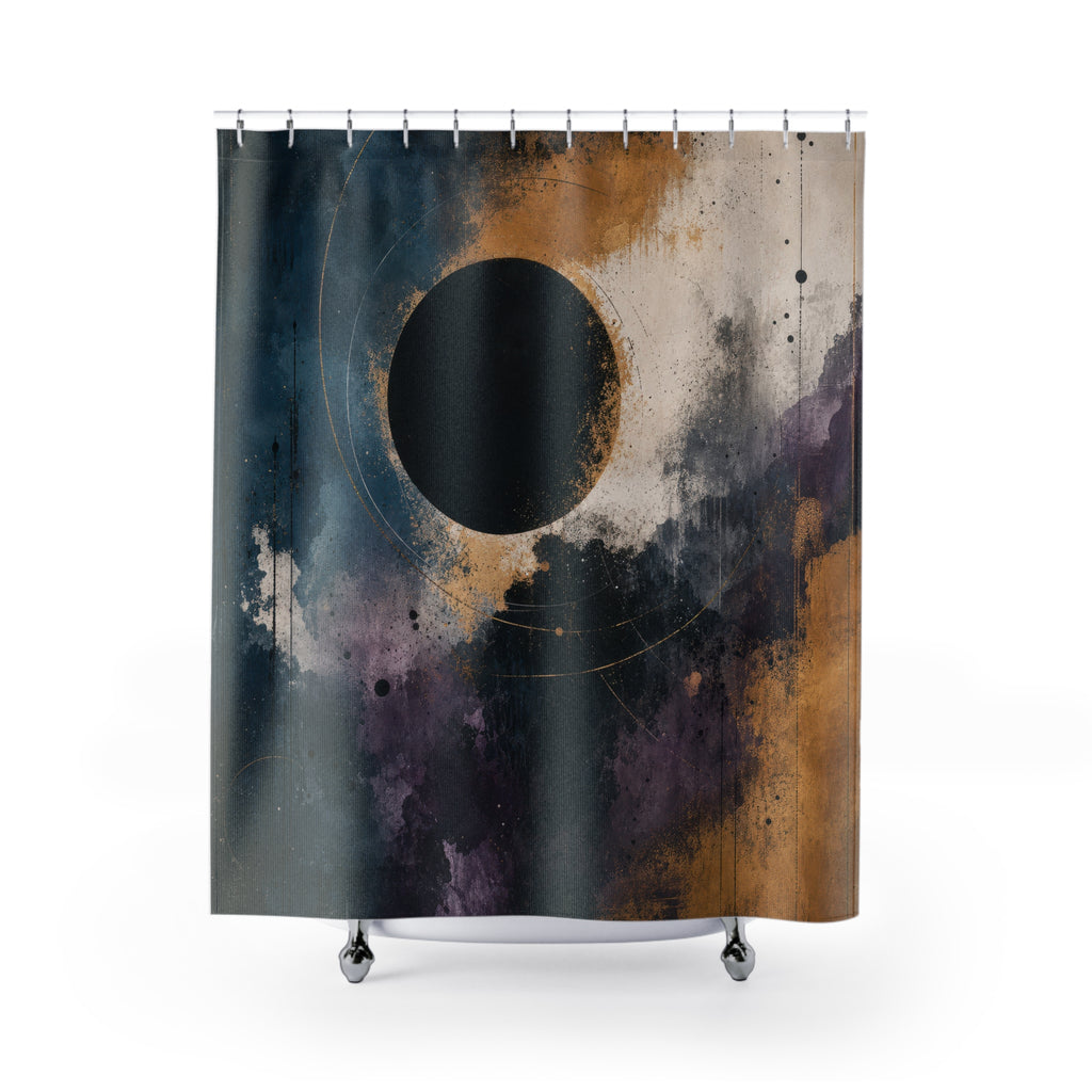 Abstract Shower Curtain, Black Eclipse Art, Grey Purple Gold Bathroom Decor, Celestial Modern Art, Moody Minimalist Bath, Dark Guest Bath