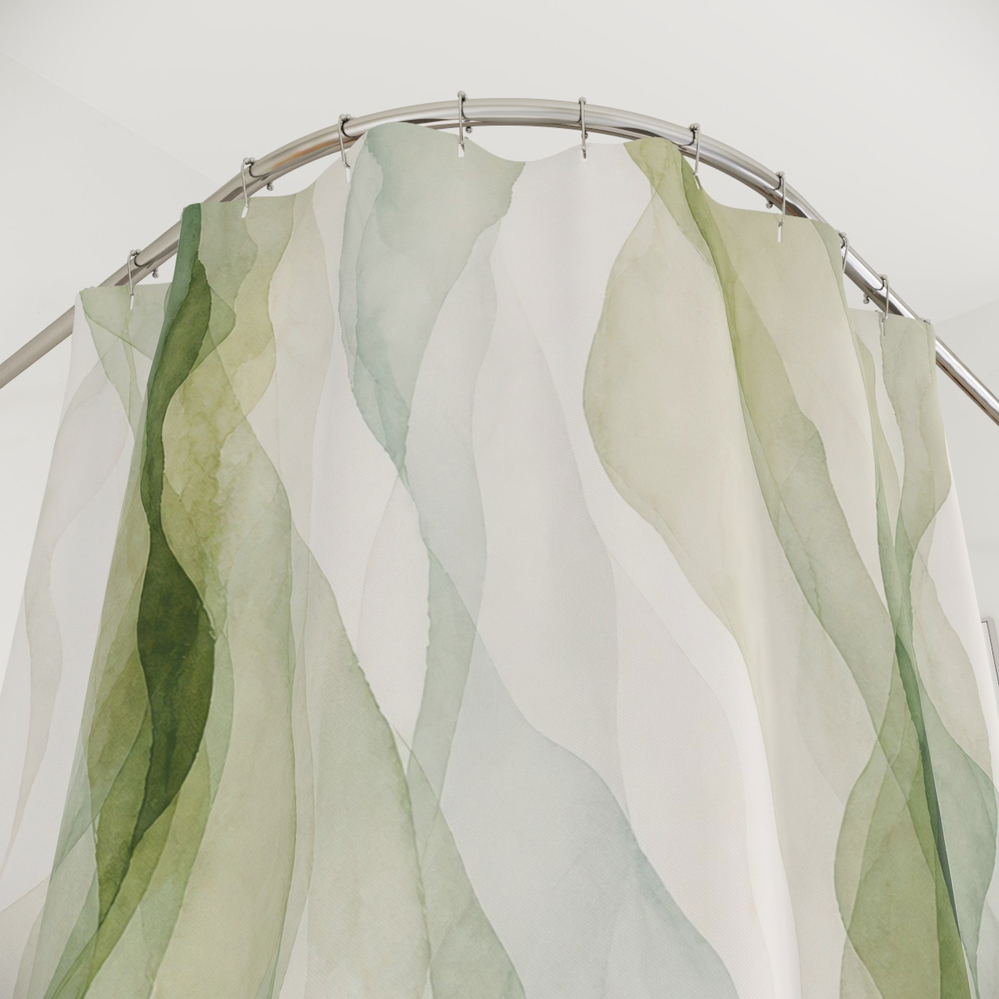 White Watercolor Green Stripe Shower Curtain