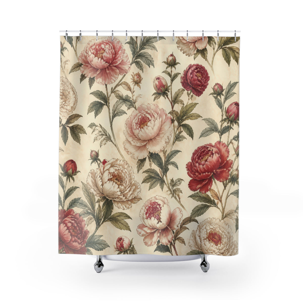 Large Peony Rose vintage floral shower curtain with full front view