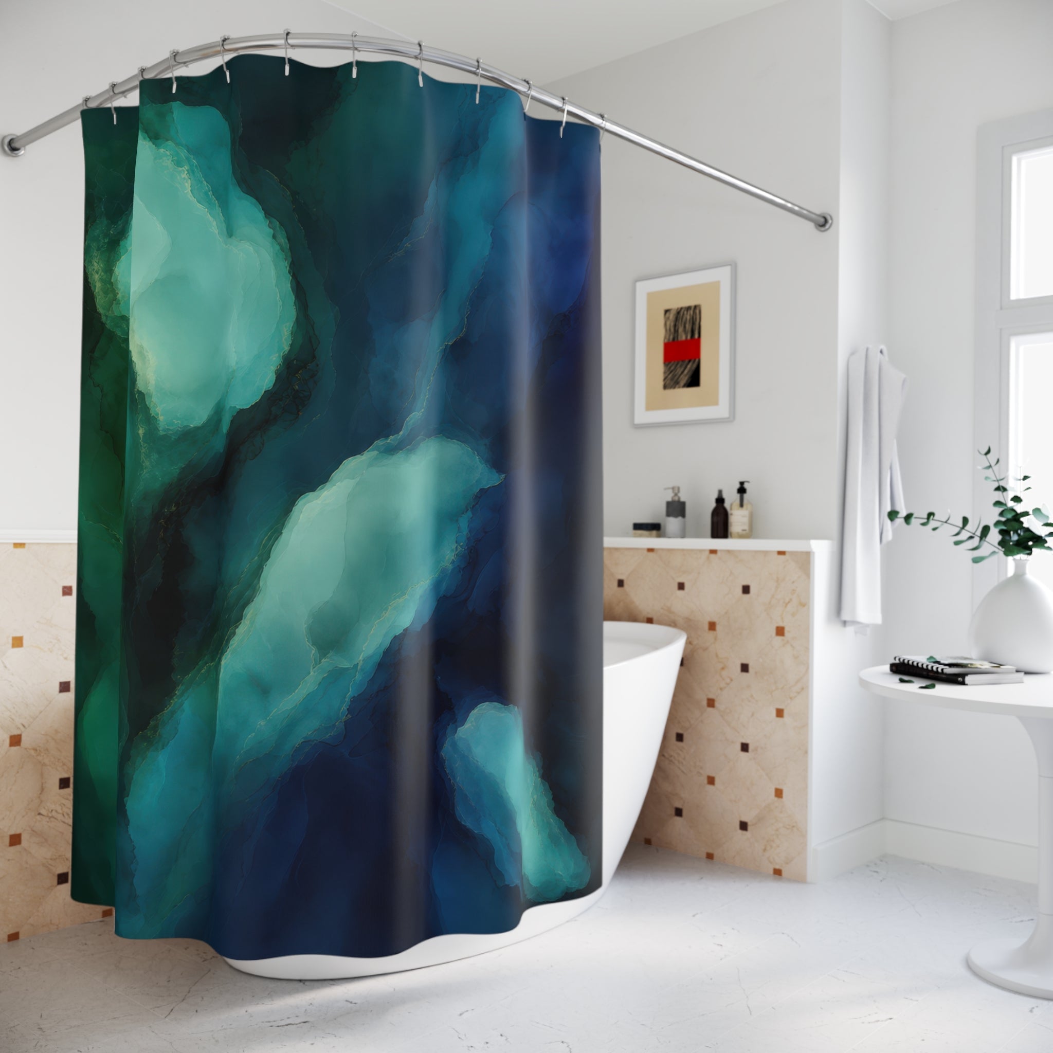 Emerald Indigo Fluid Abstract Shower Curtain